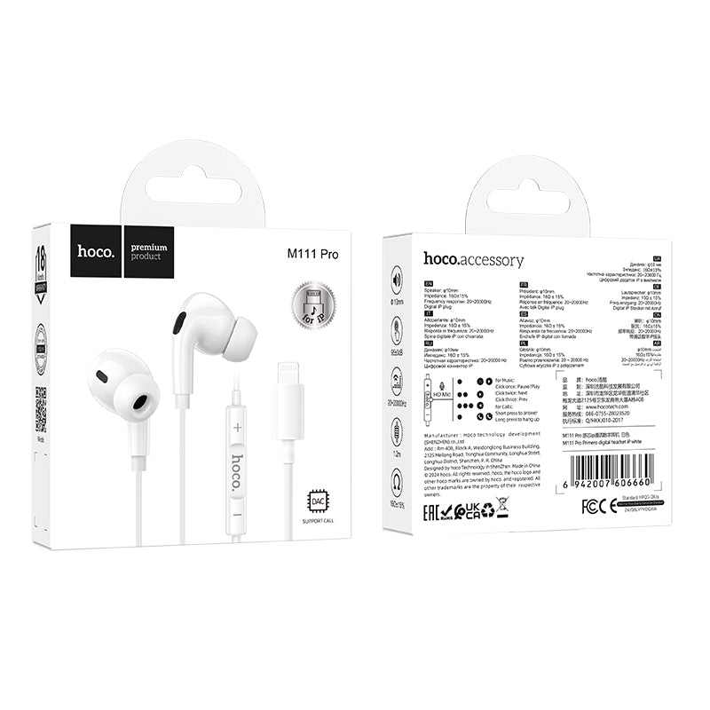 HOCO M111 Pro Lightning Wire-Controled Digital Earphones with Microphone