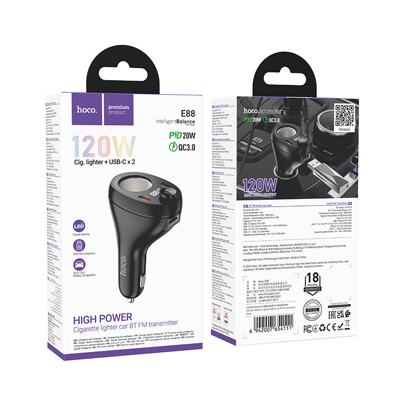 HOCO E88 35W(2C) Cigarette Lighter Car Charger with Bluetooth + FM Transmitter