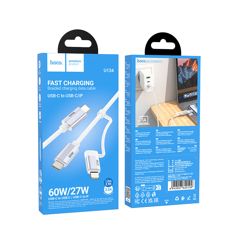 HOCO U134 2-in-1 3A Charging Data Sync Cable 1.2m (Lightning / Type-C)