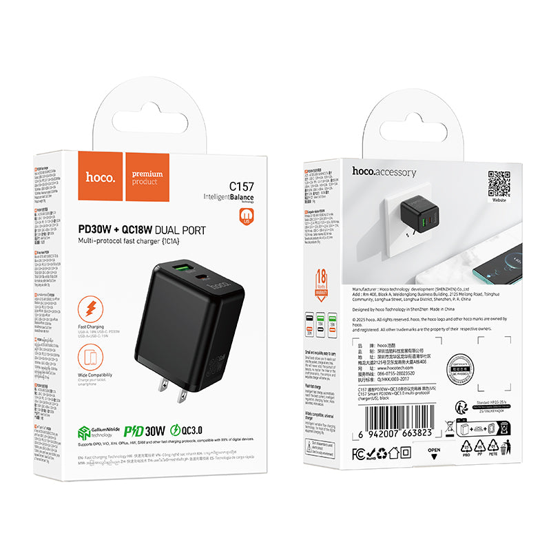 HOCO C157 PD30W+QC3.0 Dual-port Multi-Protocol Charger (US)