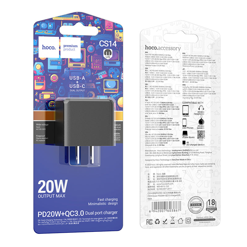 HOCO CS14 PD20W + QC3.0 USB-A and Type-C Fast Charger