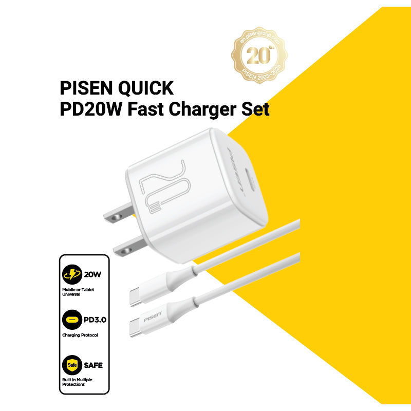 PISEN QUICK TS-C165 PD20W Fast Charger Set with Type-C to Type-C 3A 1.2m Data Cable