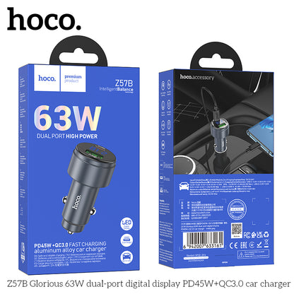 HOCO Z57B 63W Car Charger Dual-Port Digital Display PD45W + QC3.0