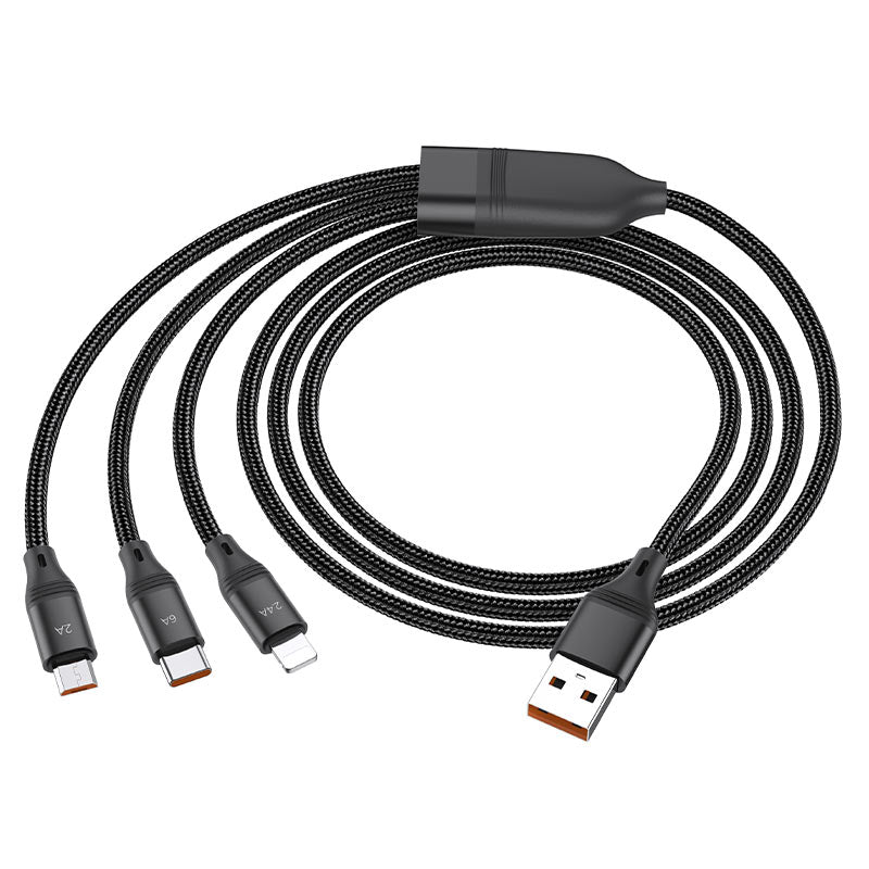 HOCO U104 3-in-1 6A Charging Data Sync Cable 1.2m (Lightning 2.4A / Micro-USB 2.0A / Type-C 6A)