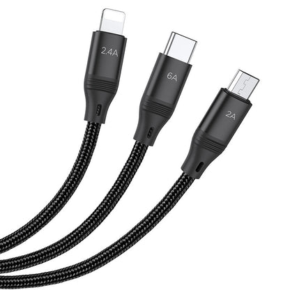 HOCO U104 3-in-1 6A Charging Data Sync Cable 1.2m (Lightning 2.4A / Micro-USB 2.0A / Type-C 6A)