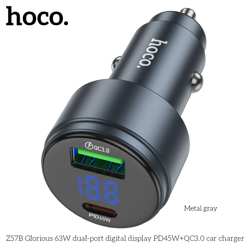 HOCO Z57B 63W Car Charger Dual-Port Digital Display PD45W + QC3.0