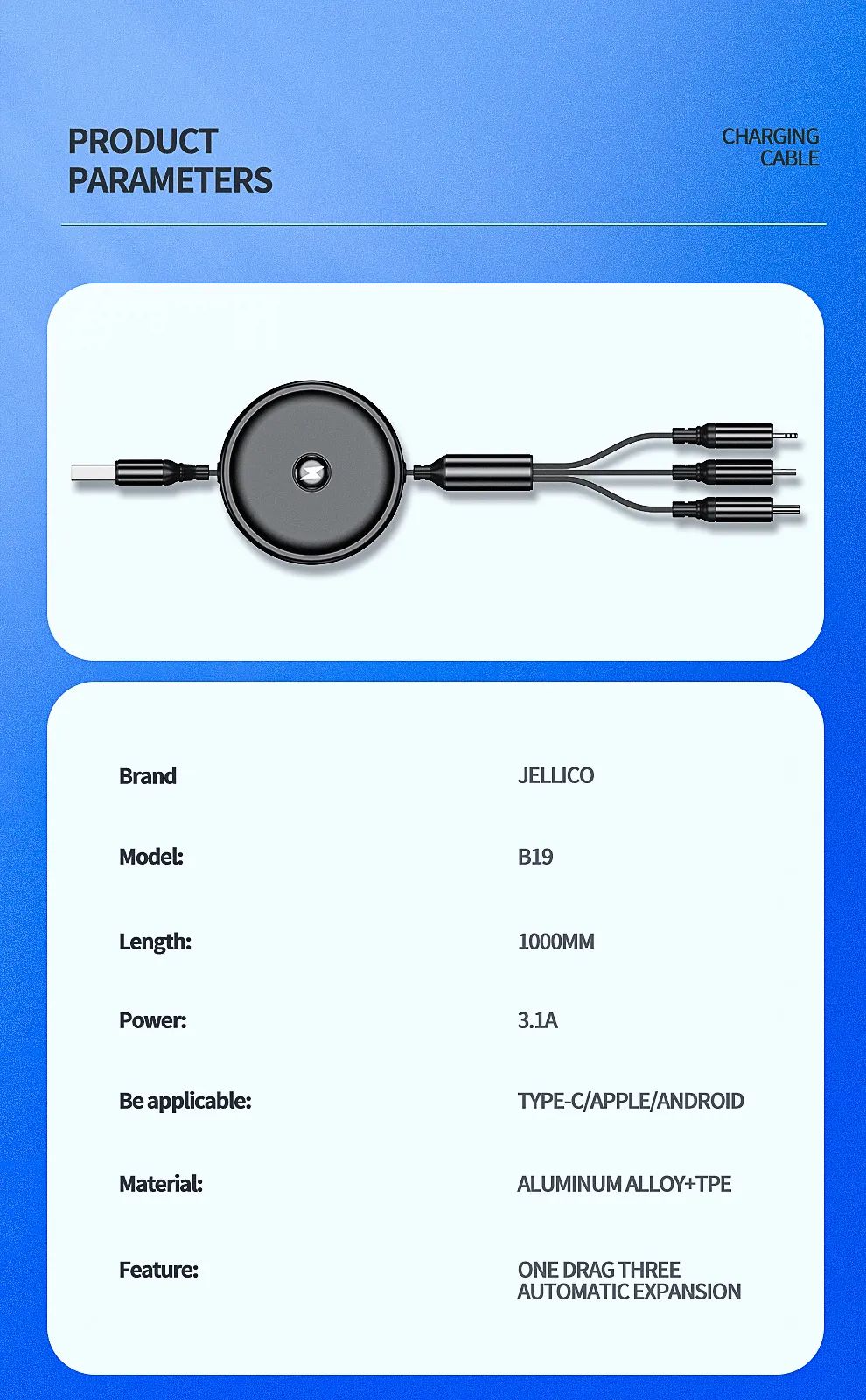 Jellico B19 3-In-1 Charging Cable 1200MM