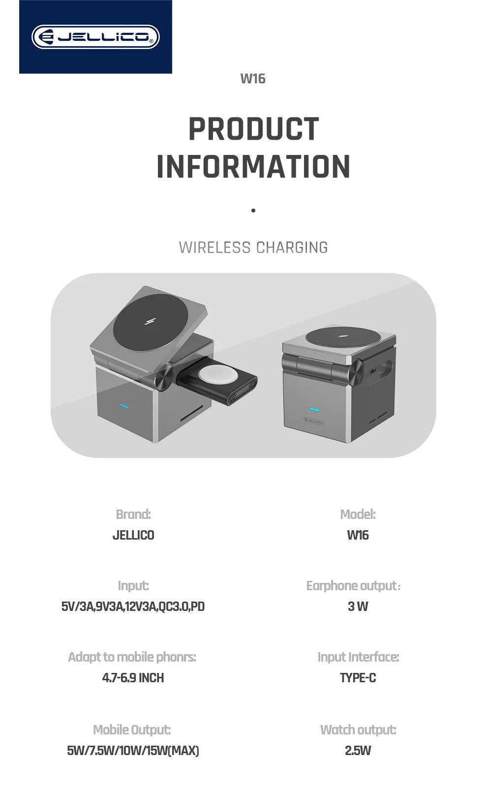 Jellico W16 3-IN-1 Cube Wireless Charger with Magsafe Strong Magnet Holder