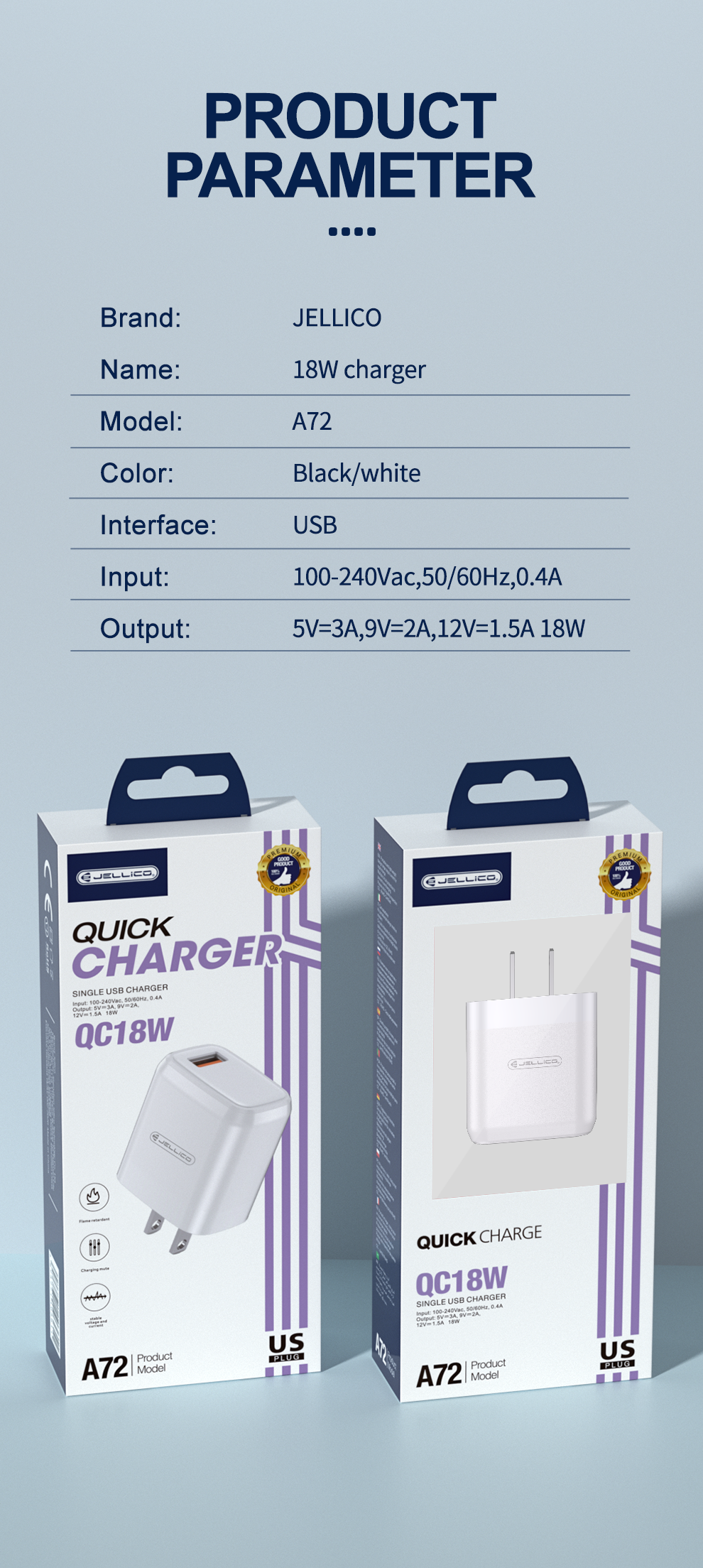 Jellico A72 Quick Charger Single USB Charger