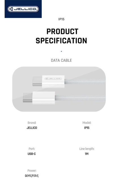 Jellico IP15 USB-C PD 60W Fast Charging Data Cable 1m