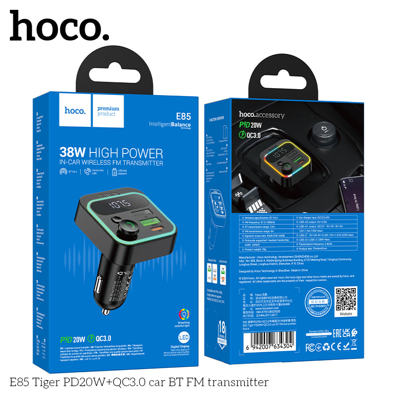 HOCO E85 38W PD20W+QC3.0 Car Charger with Bluetooth + FM Transmitter, RGB Light