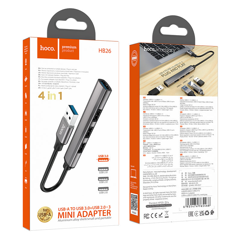 HOCO HB26 4-in-1 USB/Type-C to USB3.0+USB2.0*3 Converter/Adapter/Hub