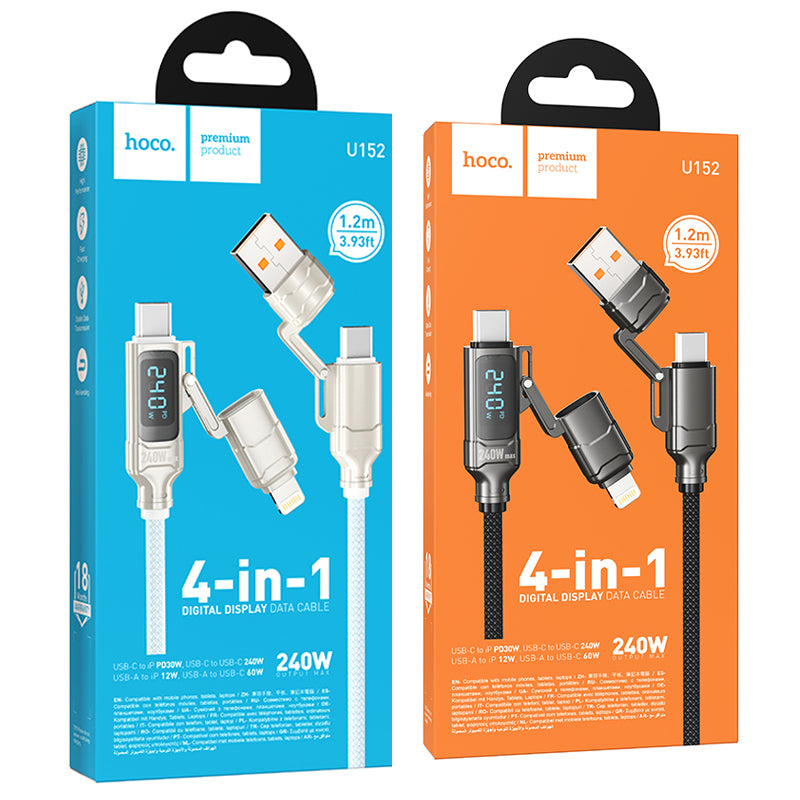 HOCO U152 240W 4-in-1 Charging Data Cable with Display USB-A/Type-C to Lightning/Type-C