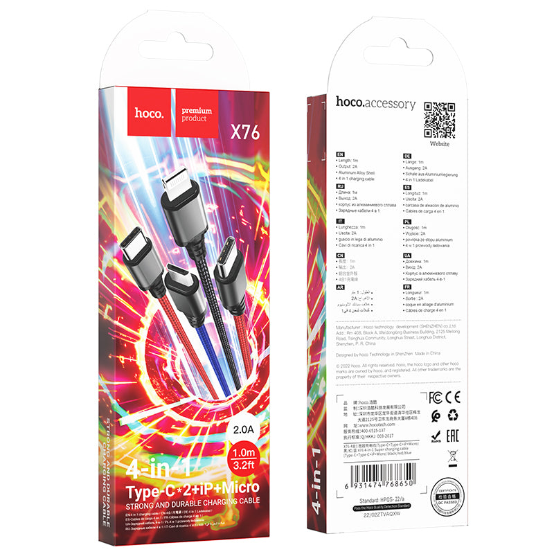 HOCO X76 4-in-1 Charging Cable (USB-A to Type-C+Type-C+Lightning+Micro)