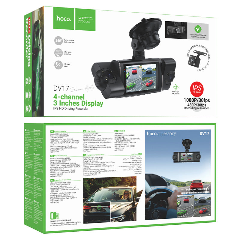 HOCO DV17 360°driving recorder 3-inch display(4-lens)
