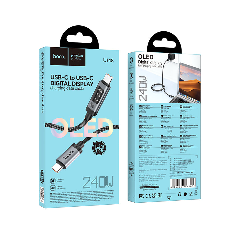 HOCO U148 240W Digital Display Type-C to Type-C Fast Charging Data Cable 1.2m