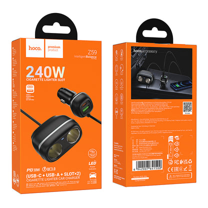 HOCO Z59 48W Dual Port Type-C + USB-A + 2×Cigarette Lighter Slot Car Charger