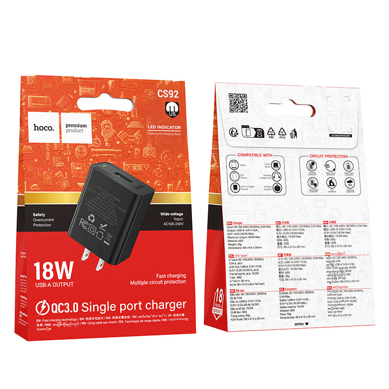 HOCO CS92 18W QC3.0 USB-A Charger