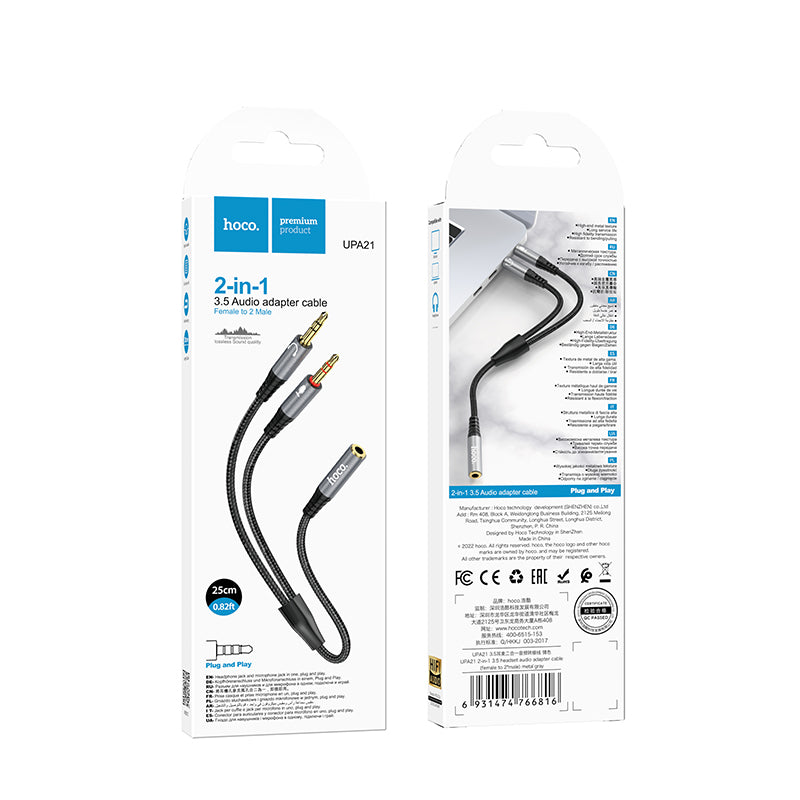 HOCO UPA21 2 in 1 3.5mm Female to 2 x Male Headset Audio Adapter Cable AUX Spliter 25cm