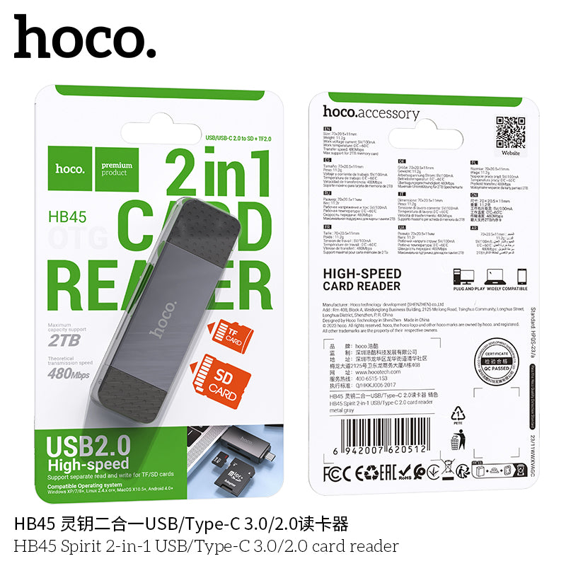 HB45 Spirit 2-in-1 USB/Type-C 2.0 card reader