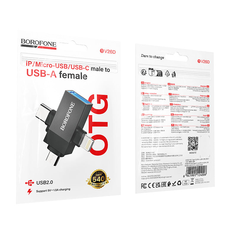 HOCO BOROFONE BV26D Lightning / Type-C / Micro USB Male to USB-A Female USB2.0 3-in-1 Adapter