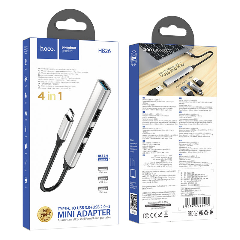 HOCO HB26 4-in-1 USB/Type-C to USB3.0+USB2.0*3 Converter/Adapter/Hub