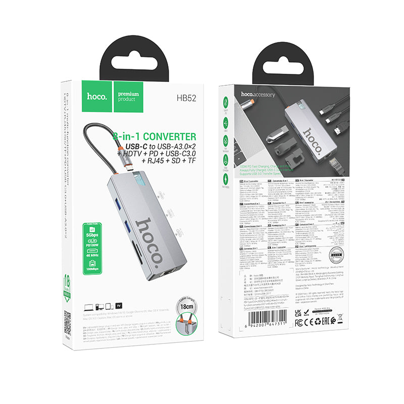 HOCO HB52 Type-C to HDTV + RJ45 + PD + Type-C + 2xUSB3.0 + SD + TF Card 8 in 1Converter/Adapter/Hub