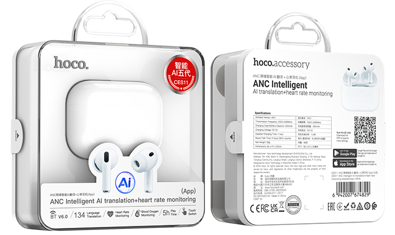 HOCO CES11 ANC TWS Wireless Headphones with Intelligent AI Translation + Heart Rate Monitoring(App)